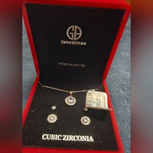 GIANI BERNINI, STERLING SILVER, 3 PC SET, CZ, 1 NECKLACE AND 2 STUD EARRINGS SET